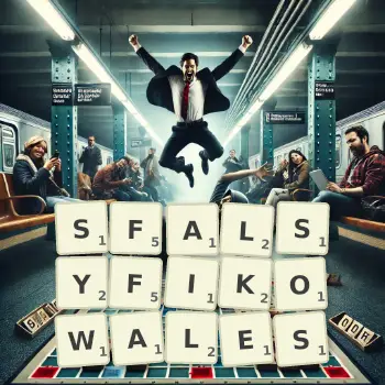 Kreatywna ilustracja do gry w Scrabble ze słowem SFALSYFIKOWALES ułożonym z płytek na planszy.