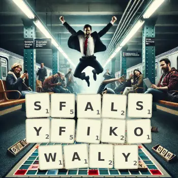 Kreatywna ilustracja do gry w Scrabble ze słowem SFALSYFIKOWALY ułożonym z płytek na planszy.