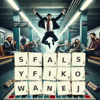 Kreatywna ilustracja do gry w Scrabble ze słowem SFALSYFIKOWANEJ ułożonym z płytek na planszy.