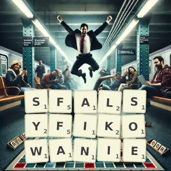 Kreatywna ilustracja do gry w Scrabble ze słowem SFALSYFIKOWANIE ułożonym z płytek na planszy.