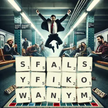 Kreatywna ilustracja do gry w Scrabble ze słowem SFALSYFIKOWANYM ułożonym z płytek na planszy.