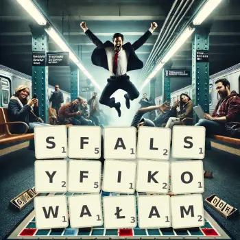 Kreatywna ilustracja do gry w Scrabble ze słowem SFALSYFIKOWAŁAM ułożonym z płytek na planszy.