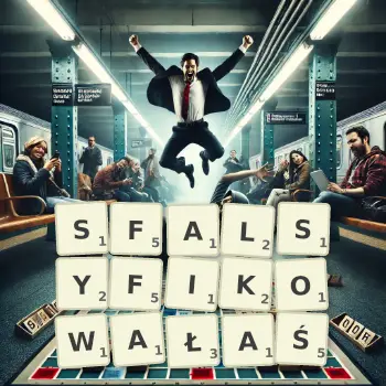 Kreatywna ilustracja do gry w Scrabble ze słowem SFALSYFIKOWAŁAŚ ułożonym z płytek na planszy.