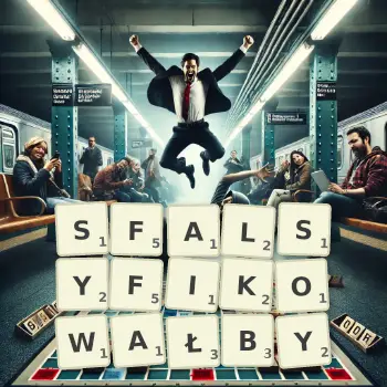 Kreatywna ilustracja do gry w Scrabble ze słowem SFALSYFIKOWAŁBY ułożonym z płytek na planszy.