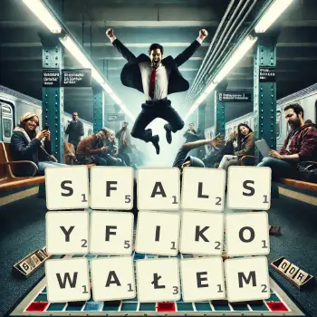 Kreatywna ilustracja do gry w Scrabble ze słowem SFALSYFIKOWAŁEM ułożonym z płytek na planszy.