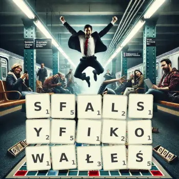 Kreatywna ilustracja do gry w Scrabble ze słowem SFALSYFIKOWAŁEŚ ułożonym z płytek na planszy.