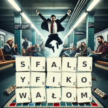 Kreatywna ilustracja do gry w Scrabble ze słowem SFALSYFIKOWAŁOM ułożonym z płytek na planszy.