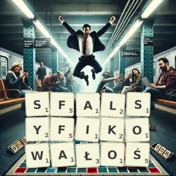 Kreatywna ilustracja do gry w Scrabble ze słowem SFALSYFIKOWAŁOŚ ułożonym z płytek na planszy.