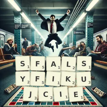 Kreatywna ilustracja do gry w Scrabble ze słowem SFALSYFIKUJCIE ułożonym z płytek na planszy.