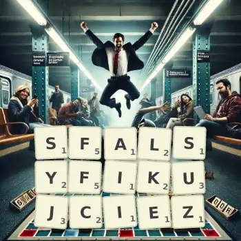 Kreatywna ilustracja do gry w Scrabble ze słowem SFALSYFIKUJCIEZ ułożonym z płytek na planszy.