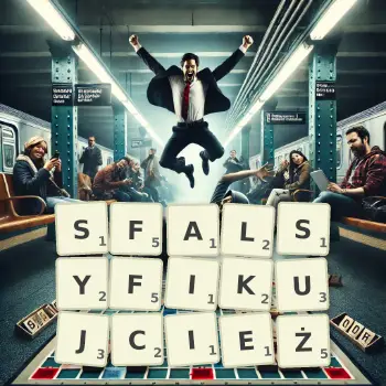 Kreatywna ilustracja do gry w Scrabble ze słowem SFALSYFIKUJCIEŻ ułożonym z płytek na planszy.