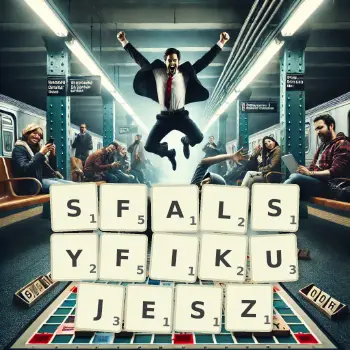 Kreatywna ilustracja do gry w Scrabble ze słowem SFALSYFIKUJESZ ułożonym z płytek na planszy.