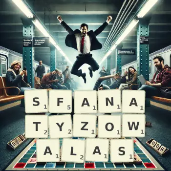 Kreatywna ilustracja do gry w Scrabble ze słowem SFANATYZOWALAS ułożonym z płytek na planszy.