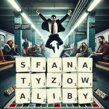 Kreatywna ilustracja do gry w Scrabble ze słowem SFANATYZOWALIBY ułożonym z płytek na planszy.