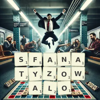 Kreatywna ilustracja do gry w Scrabble ze słowem SFANATYZOWALO ułożonym z płytek na planszy.