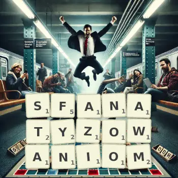 Kreatywna ilustracja do gry w Scrabble ze słowem SFANATYZOWANIOM ułożonym z płytek na planszy.