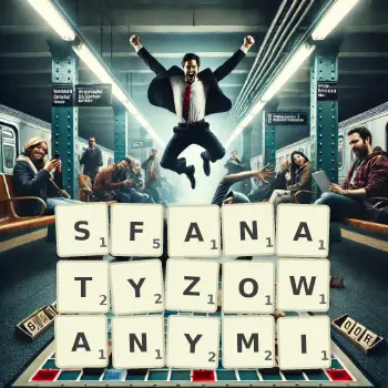 Kreatywna ilustracja do gry w Scrabble ze słowem SFANATYZOWANYMI ułożonym z płytek na planszy.