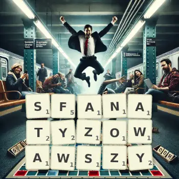 Kreatywna ilustracja do gry w Scrabble ze słowem SFANATYZOWAWSZY ułożonym z płytek na planszy.