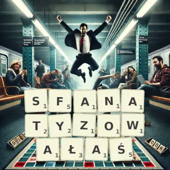 Kreatywna ilustracja do gry w Scrabble ze słowem SFANATYZOWAŁAŚ ułożonym z płytek na planszy.