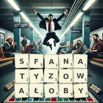 Kreatywna ilustracja do gry w Scrabble ze słowem SFANATYZOWAŁOBY ułożonym z płytek na planszy.