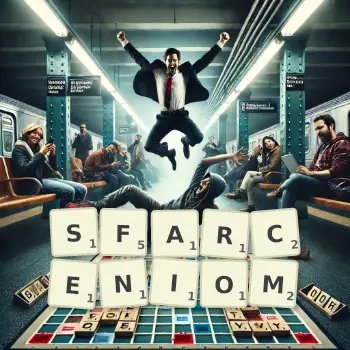 Kreatywna ilustracja do gry w Scrabble ze słowem SFARCENIOM ułożonym z płytek na planszy.