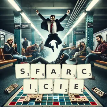 Kreatywna ilustracja do gry w Scrabble ze słowem SFARCICIE ułożonym z płytek na planszy.