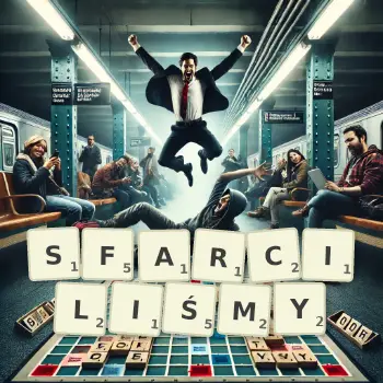 Kreatywna ilustracja do gry w Scrabble ze słowem SFARCILIŚMY ułożonym z płytek na planszy.