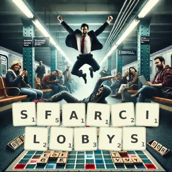 Kreatywna ilustracja do gry w Scrabble ze słowem SFARCILOBYS ułożonym z płytek na planszy.