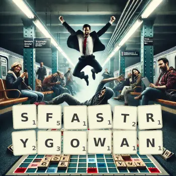 Kreatywna ilustracja do gry w Scrabble ze słowem SFASTRYGOWAN ułożonym z płytek na planszy.