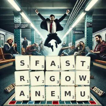 Kreatywna ilustracja do gry w Scrabble ze słowem SFASTRYGOWANEMU ułożonym z płytek na planszy.