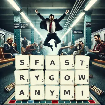 Kreatywna ilustracja do gry w Scrabble ze słowem SFASTRYGOWANYMI ułożonym z płytek na planszy.