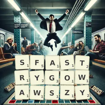 Kreatywna ilustracja do gry w Scrabble ze słowem SFASTRYGOWAWSZY ułożonym z płytek na planszy.