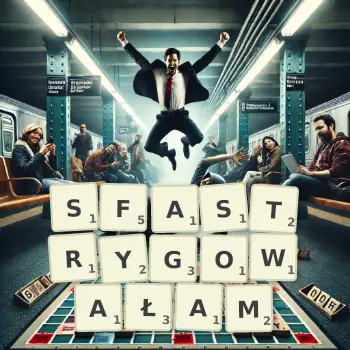 Kreatywna ilustracja do gry w Scrabble ze słowem SFASTRYGOWAŁAM ułożonym z płytek na planszy.