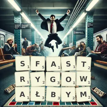 Kreatywna ilustracja do gry w Scrabble ze słowem SFASTRYGOWAŁBYM ułożonym z płytek na planszy.