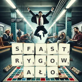 Kreatywna ilustracja do gry w Scrabble ze słowem SFASTRYGOWAŁO ułożonym z płytek na planszy.