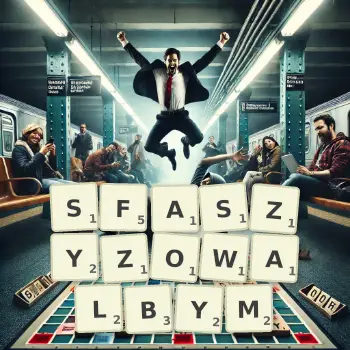 Kreatywna ilustracja do gry w Scrabble ze słowem SFASZYZOWALBYM ułożonym z płytek na planszy.