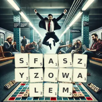 Kreatywna ilustracja do gry w Scrabble ze słowem SFASZYZOWALEM ułożonym z płytek na planszy.