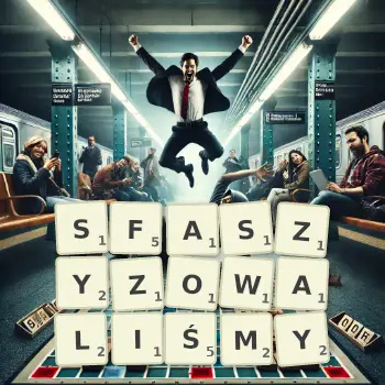 Kreatywna ilustracja do gry w Scrabble ze słowem SFASZYZOWALIŚMY ułożonym z płytek na planszy.