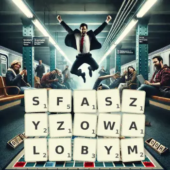 Kreatywna ilustracja do gry w Scrabble ze słowem SFASZYZOWALOBYM ułożonym z płytek na planszy.