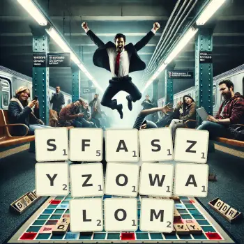 Kreatywna ilustracja do gry w Scrabble ze słowem SFASZYZOWALOM ułożonym z płytek na planszy.