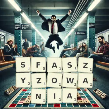 Kreatywna ilustracja do gry w Scrabble ze słowem SFASZYZOWANIA ułożonym z płytek na planszy.