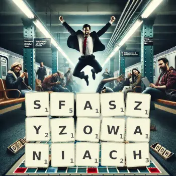 Kreatywna ilustracja do gry w Scrabble ze słowem SFASZYZOWANIACH ułożonym z płytek na planszy.