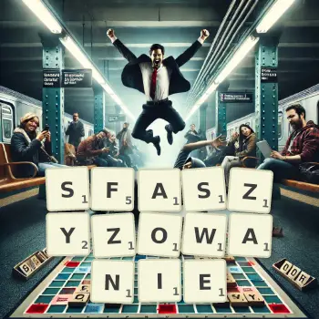 Kreatywna ilustracja do gry w Scrabble ze słowem SFASZYZOWANIE ułożonym z płytek na planszy.