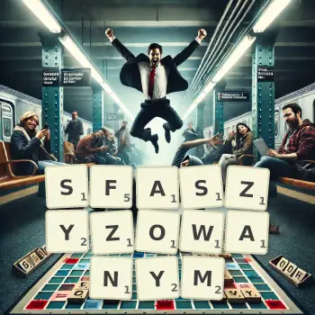 Kreatywna ilustracja do gry w Scrabble ze słowem SFASZYZOWANYM ułożonym z płytek na planszy.