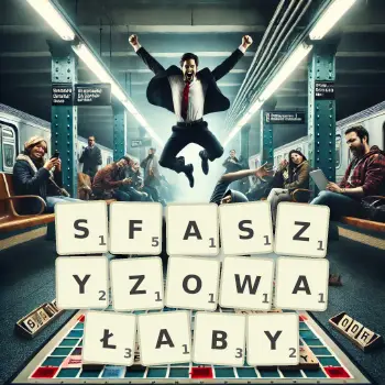 Kreatywna ilustracja do gry w Scrabble ze słowem SFASZYZOWAŁABY ułożonym z płytek na planszy.