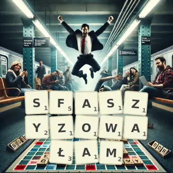 Kreatywna ilustracja do gry w Scrabble ze słowem SFASZYZOWAŁAM ułożonym z płytek na planszy.