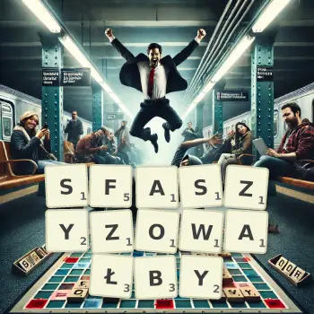 Kreatywna ilustracja do gry w Scrabble ze słowem SFASZYZOWAŁBY ułożonym z płytek na planszy.