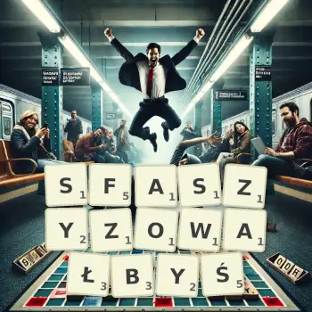 Kreatywna ilustracja do gry w Scrabble ze słowem SFASZYZOWAŁBYŚ ułożonym z płytek na planszy.