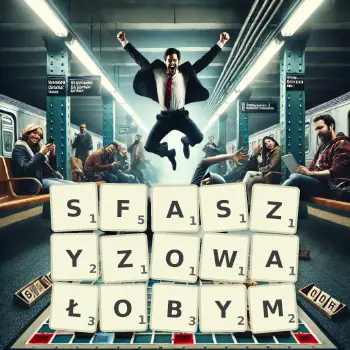 Kreatywna ilustracja do gry w Scrabble ze słowem SFASZYZOWAŁOBYM ułożonym z płytek na planszy.
