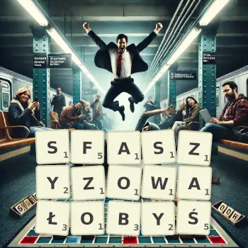 Kreatywna ilustracja do gry w Scrabble ze słowem SFASZYZOWAŁOBYŚ ułożonym z płytek na planszy.